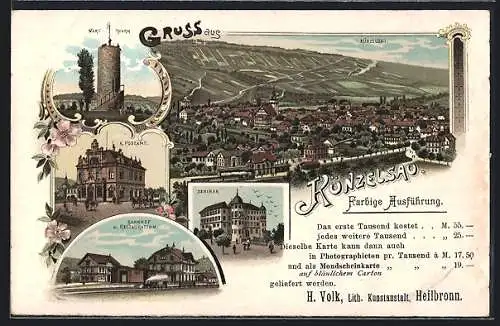 Lithographie Künzelsau, Seminar, Bahnhof, und Restauration, Wart-Turm