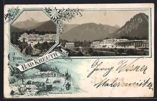 Vorläufer-Lithographie Bad Kreuth, 1894, Höllensteinalpe mit Kühen u. Wanderer, Anlagen u. Statue, Kurgebäude