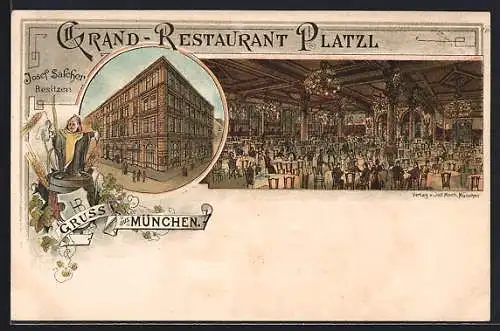 Lithographie München, Grand-Restaurant Platzl v. J. Salcher, Aussen- u. Innenansicht, Münchner Kindl