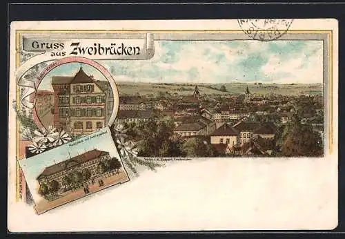 Lithographie Zweibrücken, Rathaus-Keller, Marktplatz mit Justizpalast, Teilansicht aus der Vogelschau