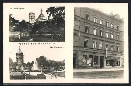 Foto-AK Mannheim, Geschäftshaus Schorpp, Am Wasserturm, Friedrichspark-Partie