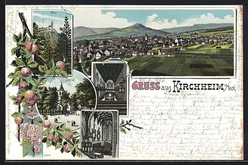 Lithographie Kirchheim u. Teck, Innen- und Aussenansicht der Kirche, Ortsansicht