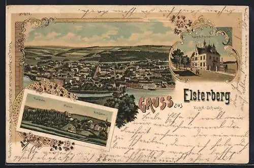 Lithographie Elsterberg / V., Kaiserl. Postamt, Turnhalle mit Ruine und Burgkeller, Ortsansicht