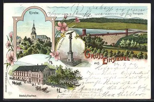 Lithographie Einsiedel / Chemnitz, Stöckel`s Gasthaus, Kirche, Thalsperre