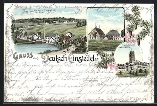 Lithographie Deutsch-Einsiedel, Ortsansicht von Böhmen aus, Haselstein mit Aussichtsturm