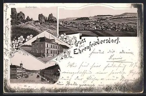 Lithographie Ehrenfriedersdorf, Totalansicht, Greifenstein, Postamt & Marktplatz