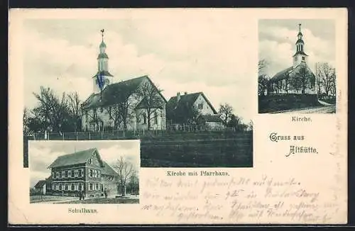 AK Althütte / M., Schulhaus, Kirche mit Pfarrhaus