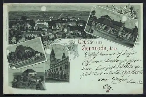 Mondschein-Lithographie Gernrode /Harz, Sternhaus, Bahnhof, Stubenberg, Teilansicht aus der Vogelschau