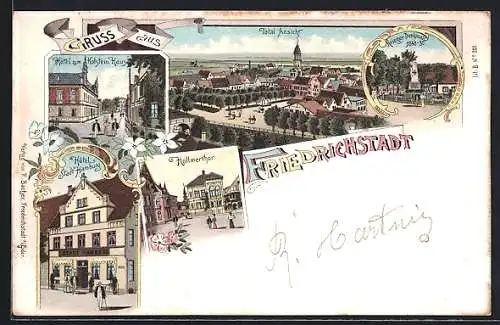 Lithographie Friedrichstadt, Hotel Stadt Hamburg, Hotel zum Holstein. Hause, Hollmertor