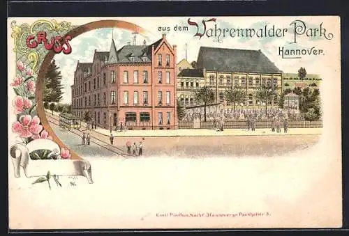 Lithographie Hannover, Vahrenwalder Park, Strassenbahn