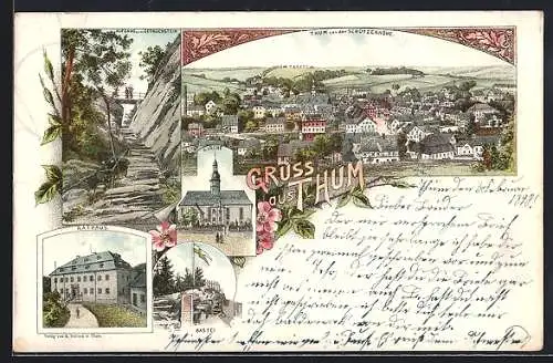 Lithographie Thum, Rathaus, Kirche und Bastei, Blick von der Schützenhöhe