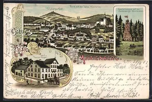 Lithographie Marienberg / Westerwald, Hotel und Pension Ferger, Salzburger Kopf, Aussichtsturm