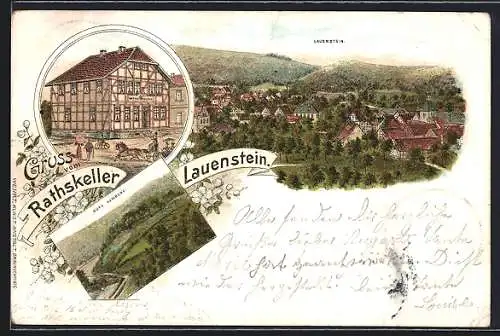 Lithographie Lauenstein / Sachsen, Gasthaus Rathskeller, Burg Homburg, Ortsansicht aus der Vogelschau