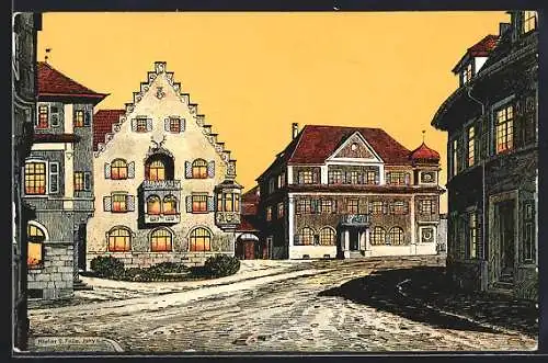 Künstler-AK Eugen Felle: Donaueschingen, Karlstrasse Ecke Zeppelinstrasse