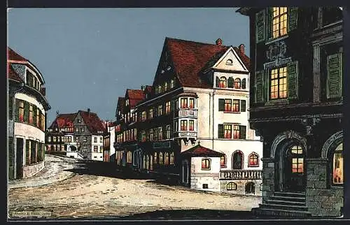 Künstler-AK Eugen Felle: Donaueschingen, Gasthaus Linde, Ecke Karl- und Max-Egon-Strasse, nach dem Riesenbrande 1908