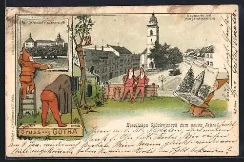 Lithographie Gotha, Neumarkt mit Margarethenkirche, Passepartout mit Zwergen und Fotograf