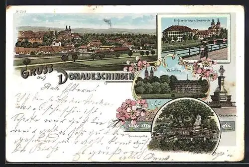 Lithographie Donaueschingen, Totalansicht, Schützenbrücke mit Stadtkirche, Donauquelle