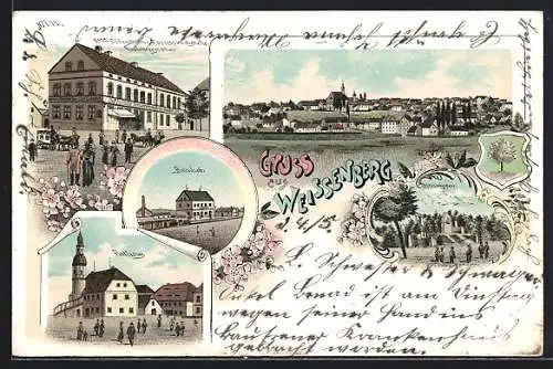 Lithographie Weissenberg / Sachsen, Rathaus, Bahnhof, Radfahrerstation, Panorama