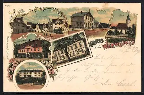 Lithographie Wermsdorf, Bahnhof, Kgl. Oberforstmeisterei, Post und Schlosshof