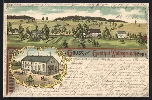 Lithographie Wolfsgrund, Partie beim Gasthaus, Gesamtansicht