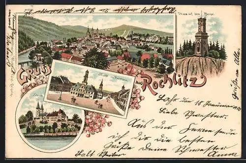 Lithographie Rochlitz, Gesamtansicht, Schloss, Markt mit Rathaus, Turm auf dem Berge