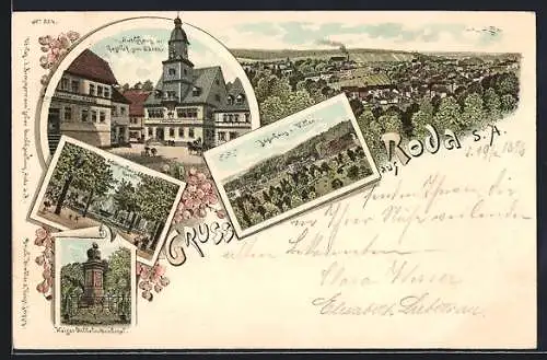 Lithographie Roda /S.-A., Rathaus und Gasthof zum Bären Logierhaus und Villen, Schützenhaus-Garten