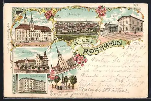 Lithographie Rosswein, Bahnhof, Kirche, Wettinschlösschen