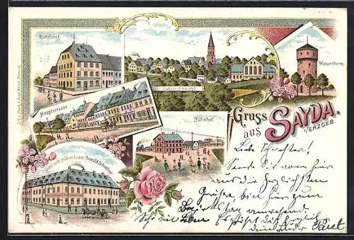 Lithographie Sayda, Bahnhof, Hotel zum goldenen Löwe, Hauptstrasse, Wasserthurm