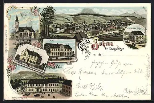 Lithographie Sehma im Erzgebirge, Gasthaus Erbgericht, Schule, Haltestelle, Pfarre