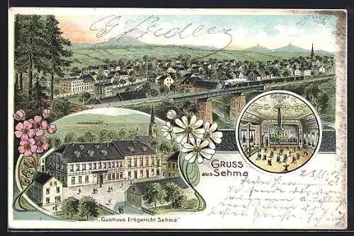 Lithographie Sehma, Gasthaus Erbgericht Sehma mit Innenansicht, Totalansicht aus der Vogelschau