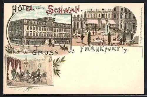 Lithographie Frankfurt a. M., Hotel zum Schwan mit Innenhof und Friedensschluss-Szene 1870 /71