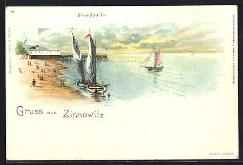 Lithographie Zinnowitz, Strandpartie mit Steg, Gebäude und Segelbooten