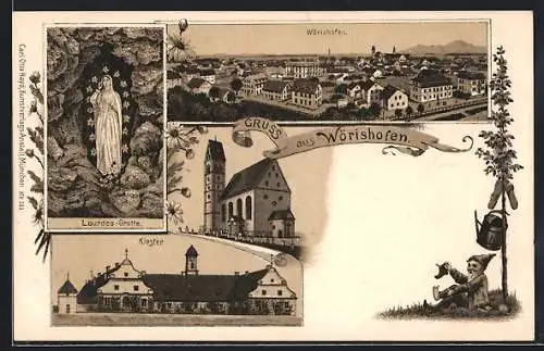 Lithographie Wörishofen, Kloster, Lourdes-Grotte, Gesamtansicht