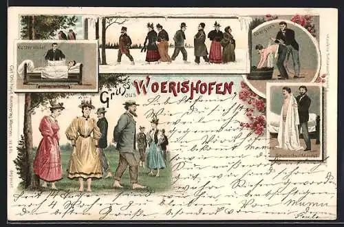 Lithographie Wörishofen, Kurgäste beim Barfusslauf, Wassertreten, Oberguss