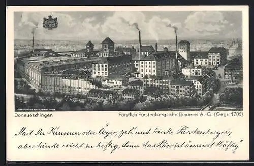 AK Donaueschingen, Fürstlich Fürstenbergische Brauerei AG, Gegr. 1705