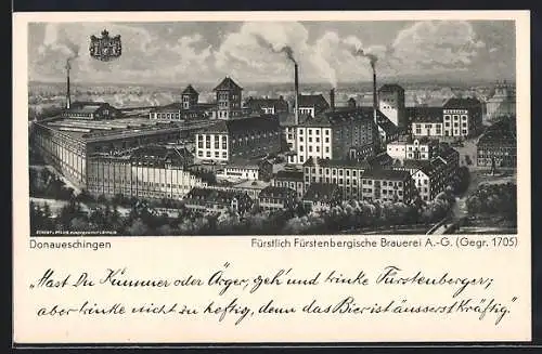 AK Donaueschingen, Fürstlich Fürstenbergische Brauerei AG, Gegr. 1705