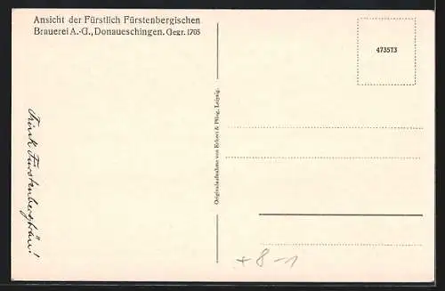 AK Donaueschingen, Fürstlich Fürstenbergische Brauerei AG, Gegr. 1705