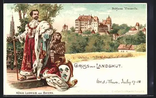 Lithographie Landshut, König Ludwig II., Schloss Trausnitz