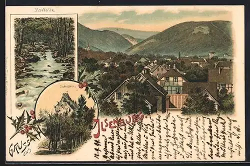 Lithographie Ilsenburg, Ilsefälle, Ilsenstein, Teilansicht aus der Vogelschau