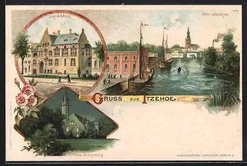 Lithographie Itzehoe, Kreishaus, Schloss Breitenburg