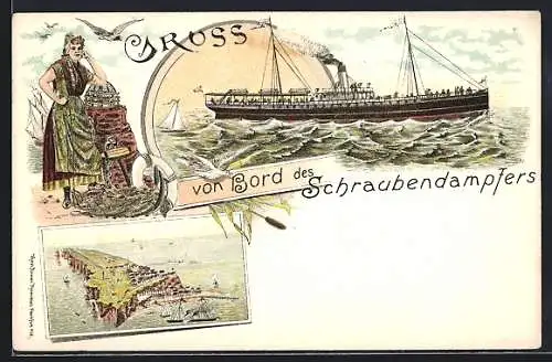 Lithographie Helgoland, Insel aus der Vogelschau, Passagierschiff unterwegs, Frau in Tracht