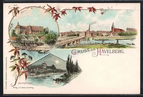 Lithographie Havelberg, Teilansicht mit Brücke, Stadtgraben, Dom