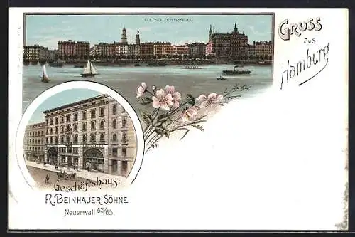 Lithographie Hamburg, Geschäftshaus R. Beinhauer & Söhne, Neuerwall 63 /65, Jungfernstieg-Panorama vom Wasser