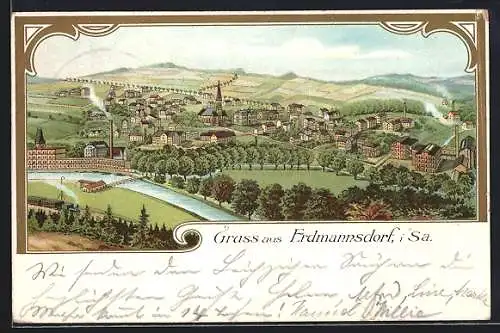 Lithographie Erdmannsdorf i. Sa., Totalansicht der Gemeinde