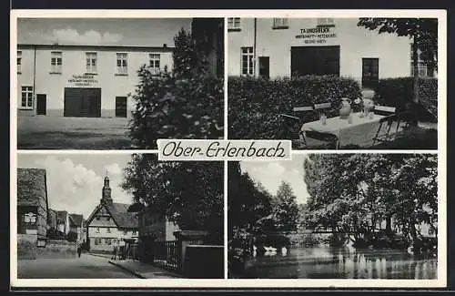 AK Ober-Erlenbach /Bad Homburg, Gasthaus-Metzgerei Taunusblick G. Harth mit Garten, Strassenpartie, Brückenpartie