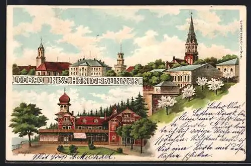 Lithographie Löbau, Gasthaus Honigbrunnen, Gesamtansicht
