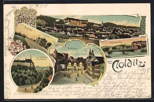 Lithographie Colditz, Bahnhof, Marktplatz, Muldenbrücke, Ortsansicht