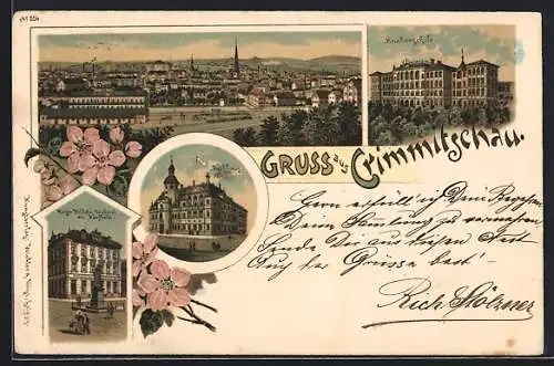 Lithographie Crimmitschau, Kaiser Wilhelm-Denkmal mit Kaufhalle, Rathaus, Knabenschule