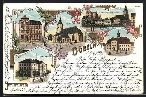 Lithographie Döbeln, Handelsschule, Kirche, Rathaus, Realgymnasium