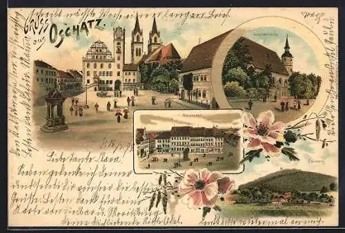 Lithographie Oschatz, Klosterkirche, Neumarkt, Colmberg